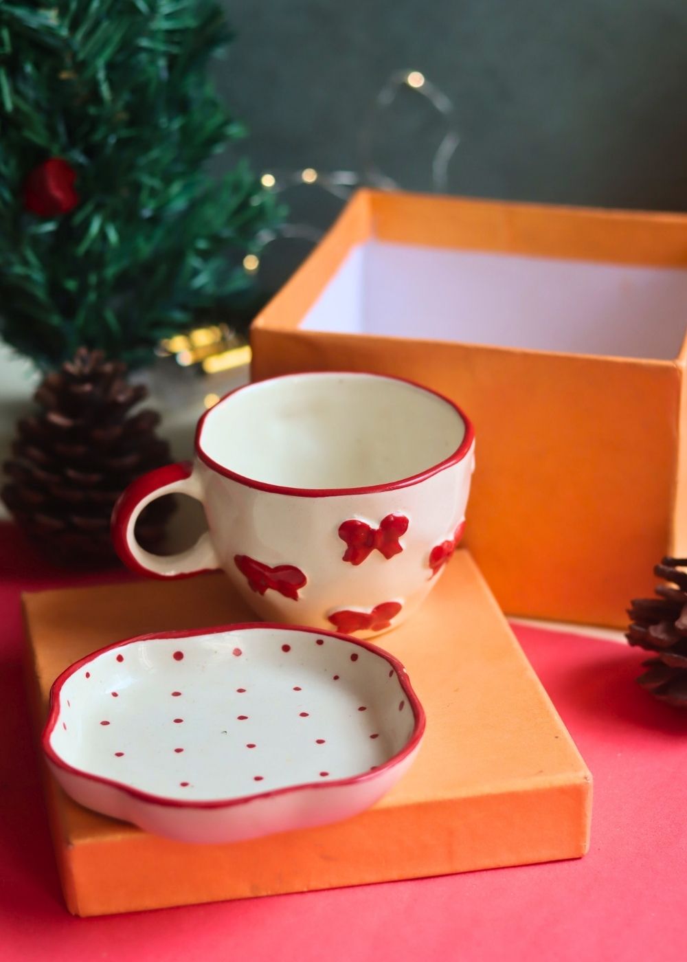 Bow Mug & Red Polka Handmade Dessert Plate in a Gift Box handmade in india