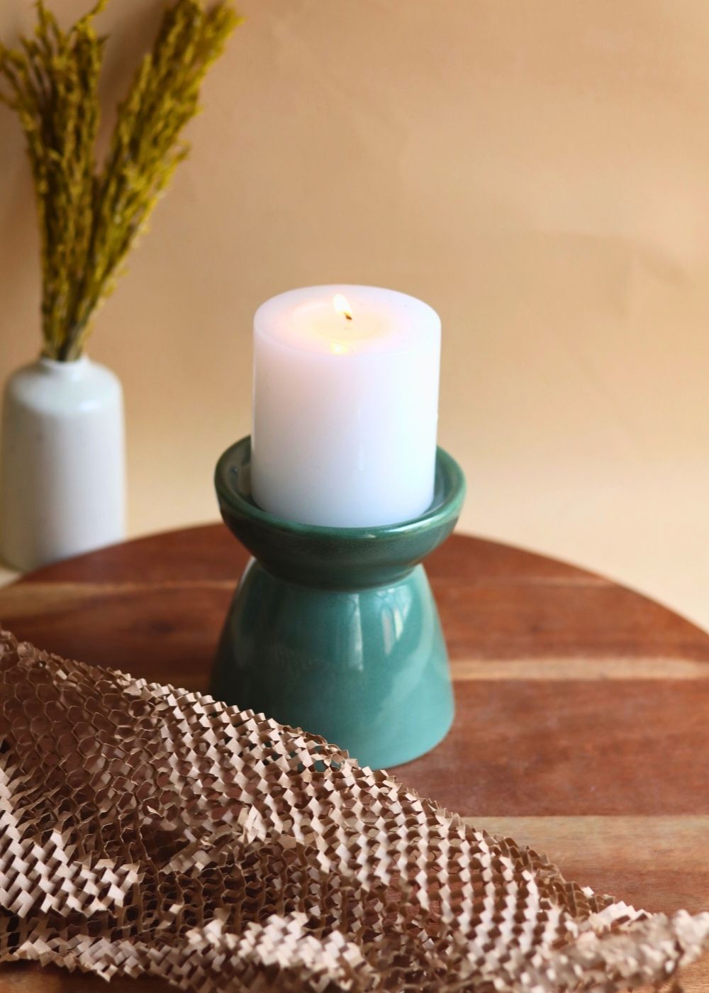 Green Pillar Candle Holder - Small handmade in india