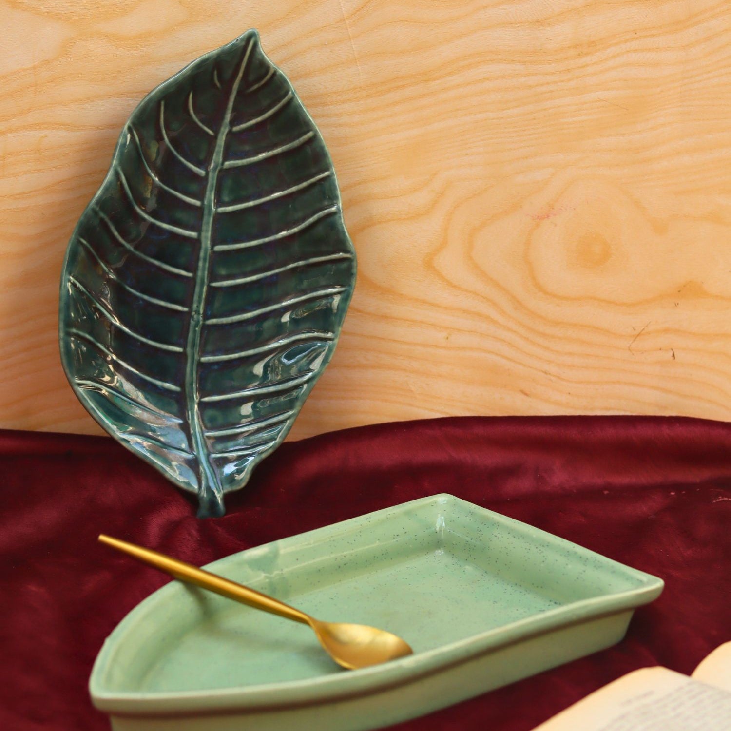 handmade Set of 2 - foilage leaf platter & Sage green Boat platter combo
