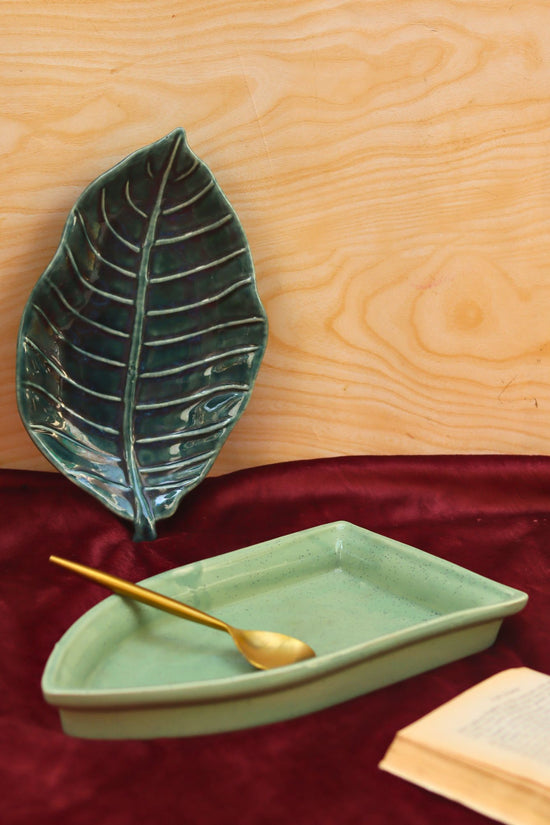 handmade Set of 2 - foilage leaf platter & Sage green Boat platter combo