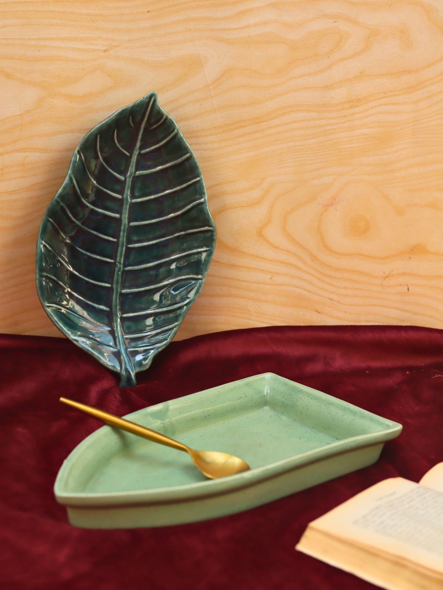 handmade Set of 2 - foilage leaf platter & Sage green Boat platter combo