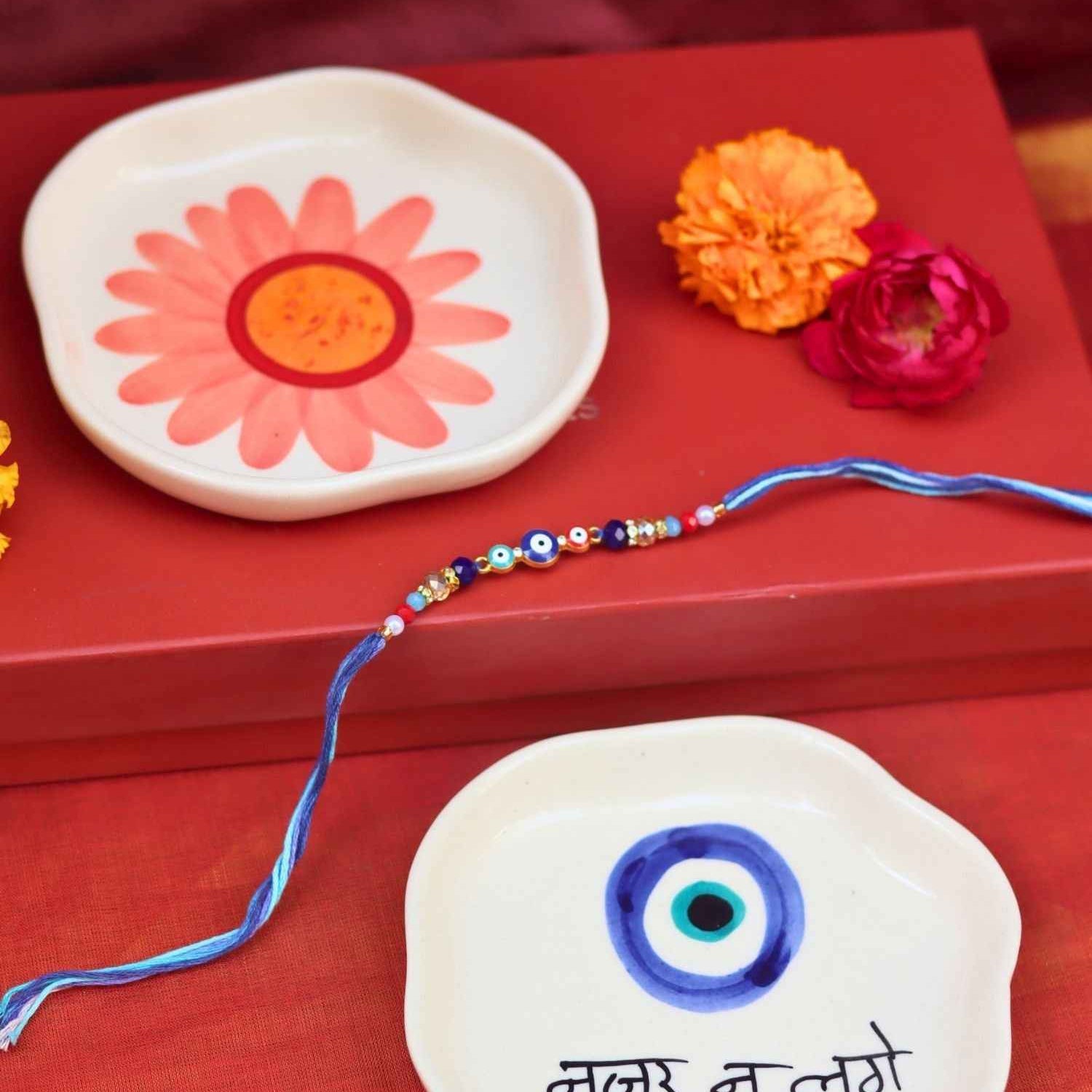 Nazar & Flower Handmade Dessert plate Rakhi Gift box