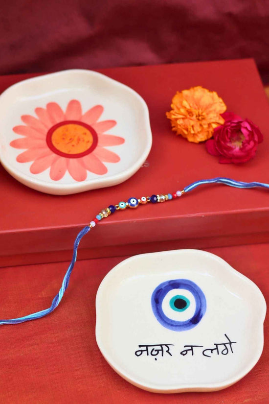 Nazar & Flower Handmade Dessert plate Rakhi Gift box