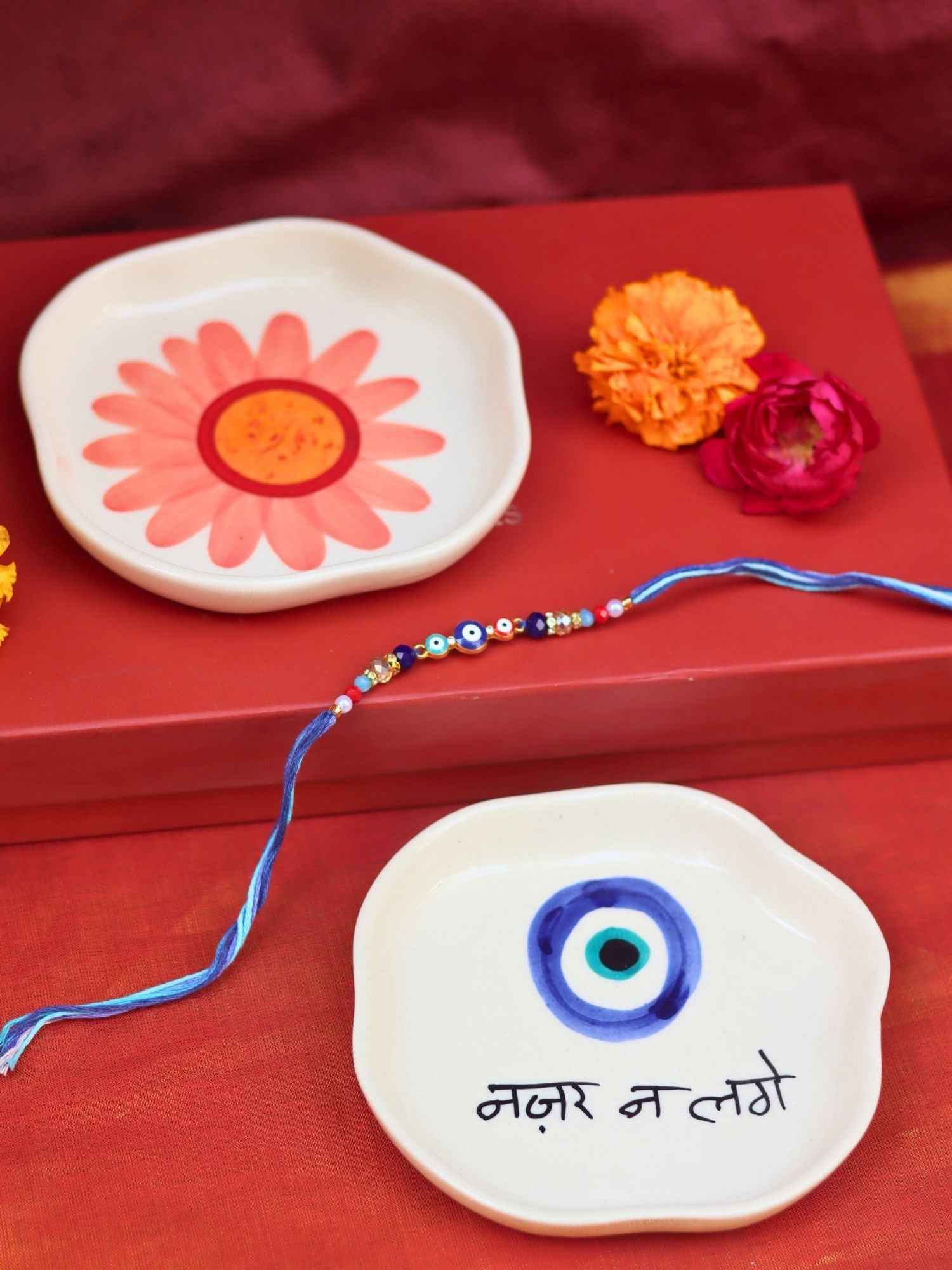 Nazar & Flower Handmade Dessert plate Rakhi Gift box