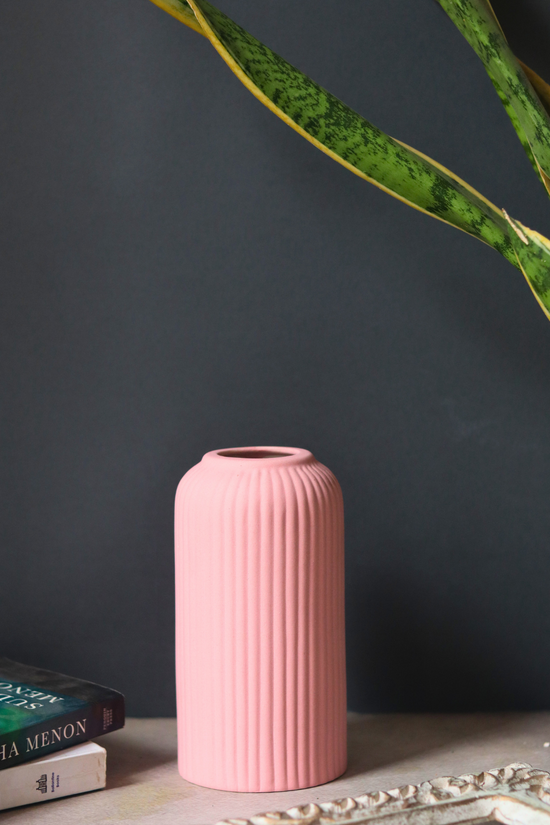Handmade ceramic pink ribbed flower vase 