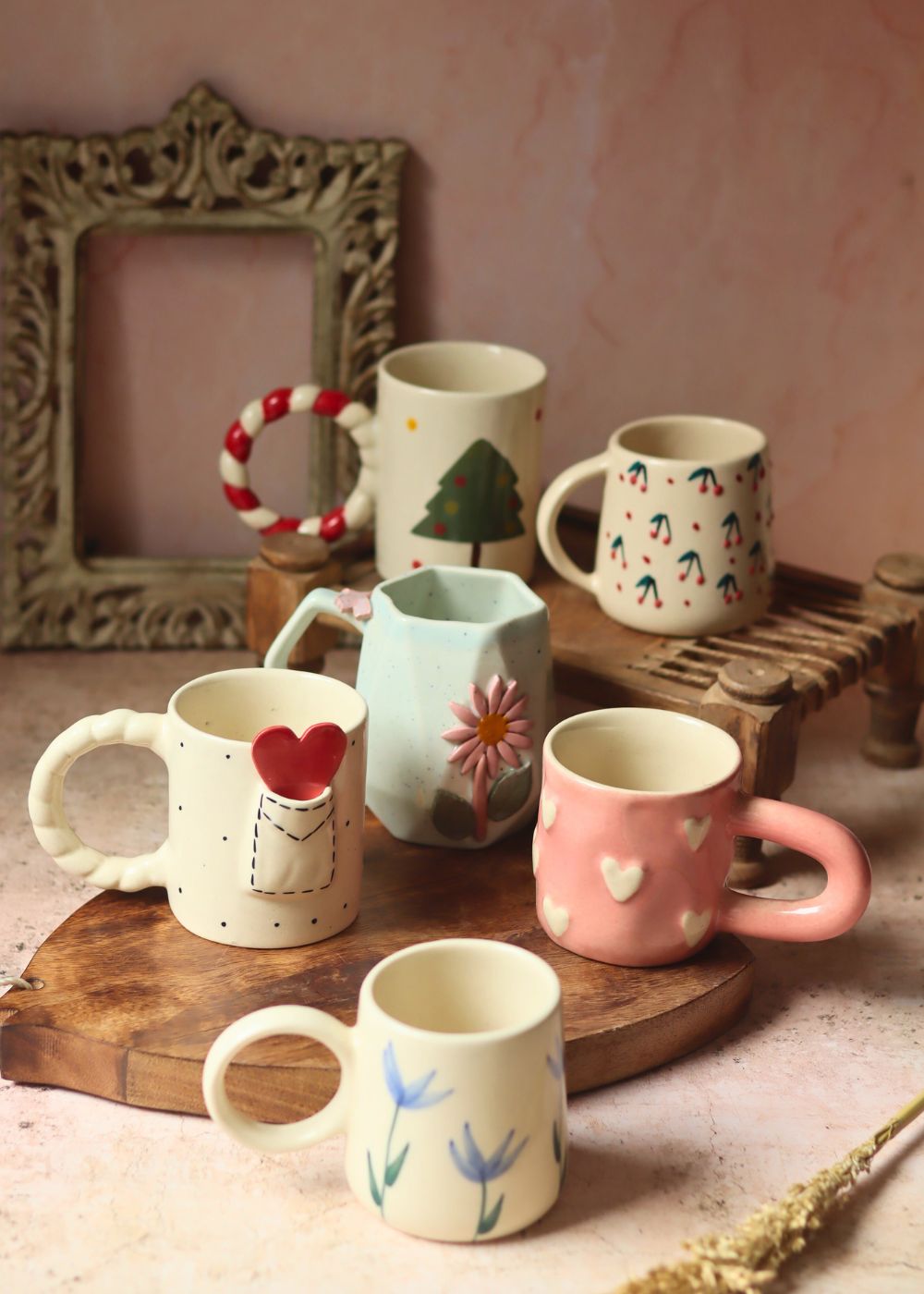 Handmade Set of 6 Blooming Hearts Mugs (for the price of 5)