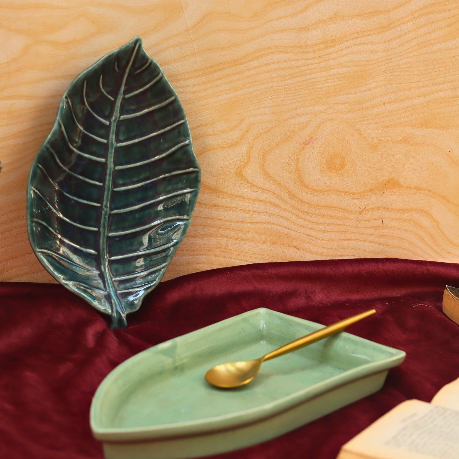 Set of 2 - foilage leaf platter & Sage green Boat platter combo made by ceramic