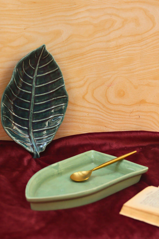 Set of 2 - foilage leaf platter & Sage green Boat platter combo made by ceramic