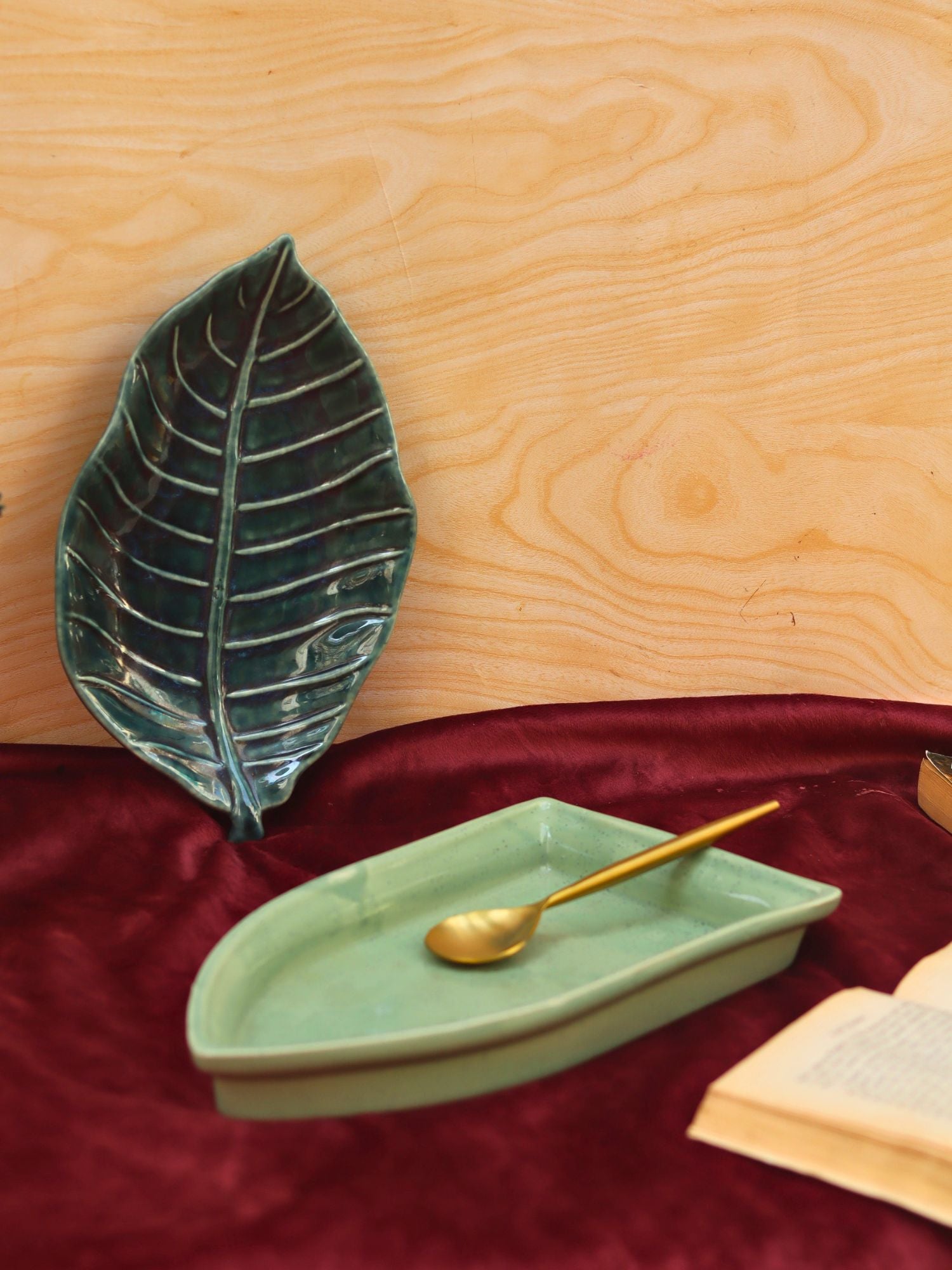 Set of 2 - foilage leaf platter & Sage green Boat platter combo made by ceramic