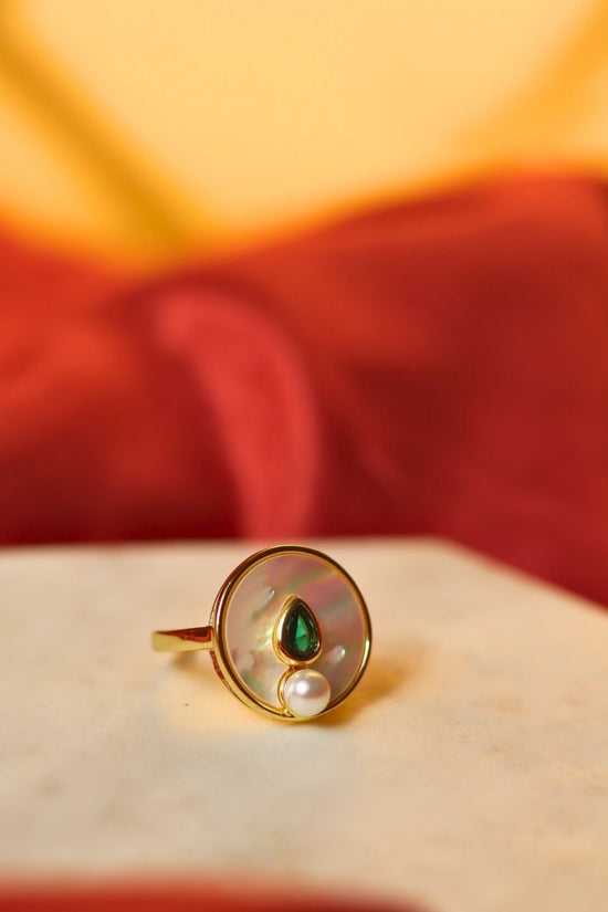 anti tarnish Emerald Pearl Luna Ring