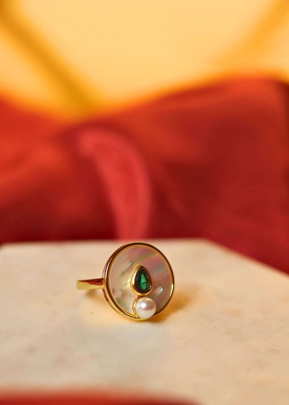 anti tarnish Emerald Pearl Luna Ring