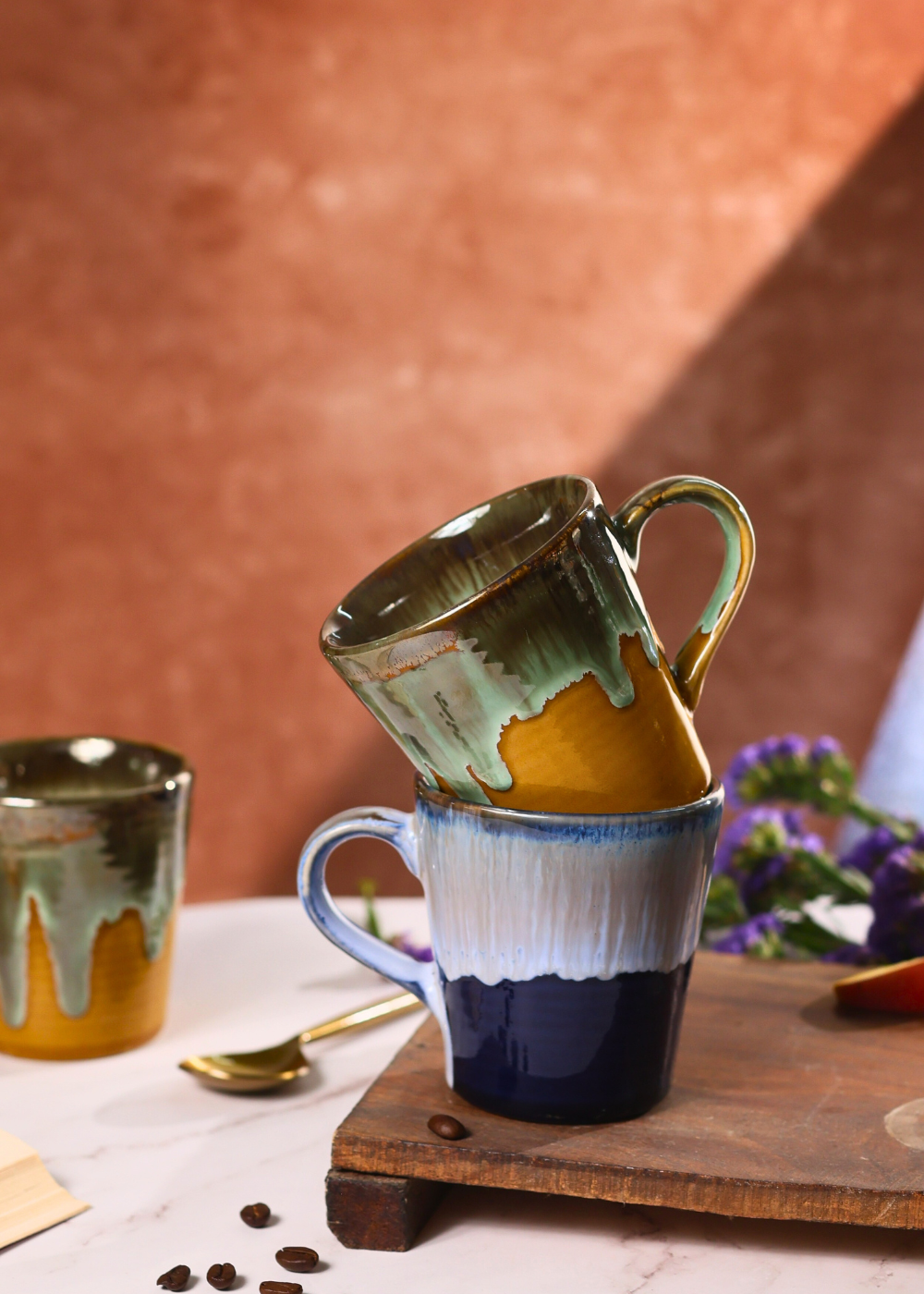 handmade shades of blue & mustard coffee mug set of two