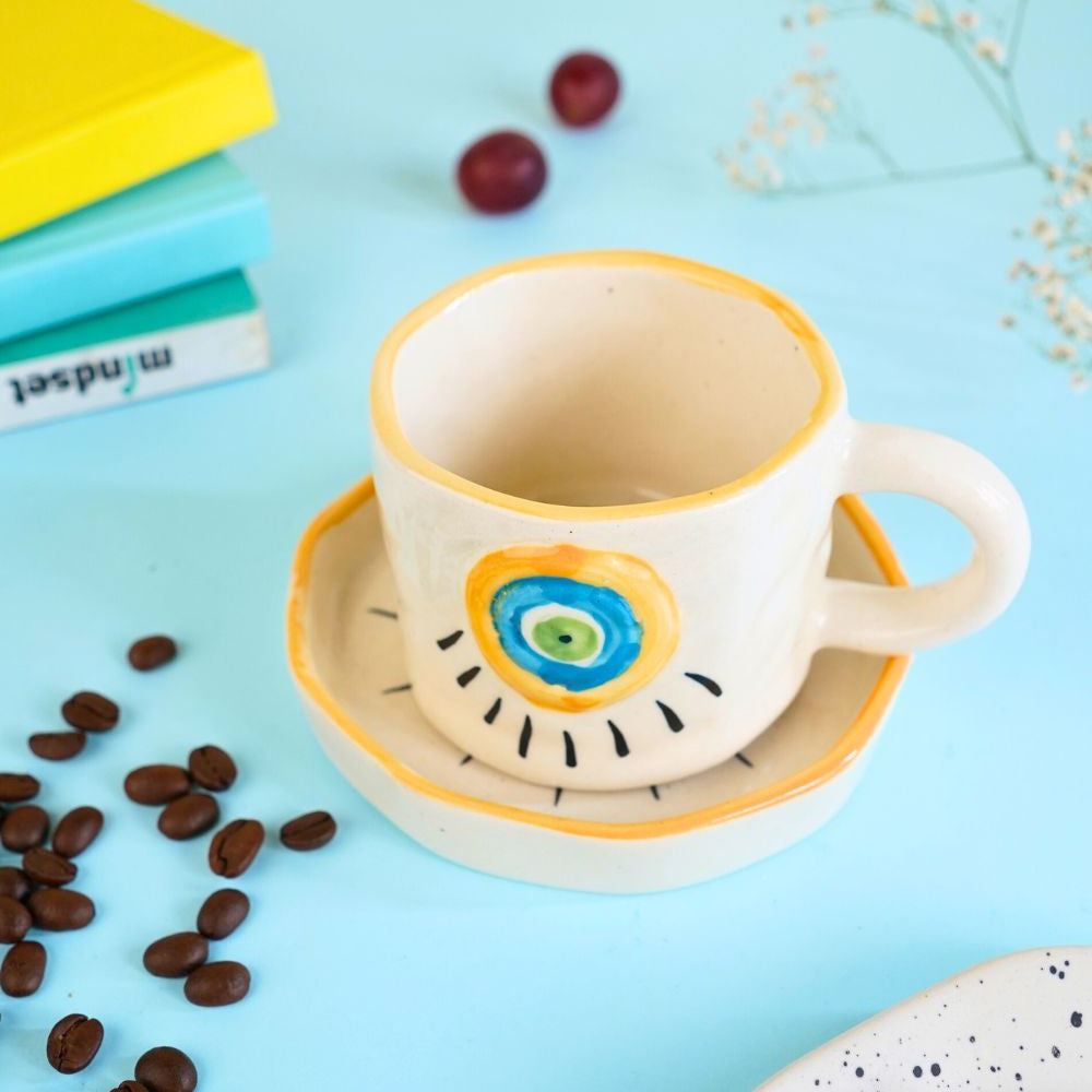 Abstract Evil Eye Mug & Handmade Dessert Plate made by ceramic