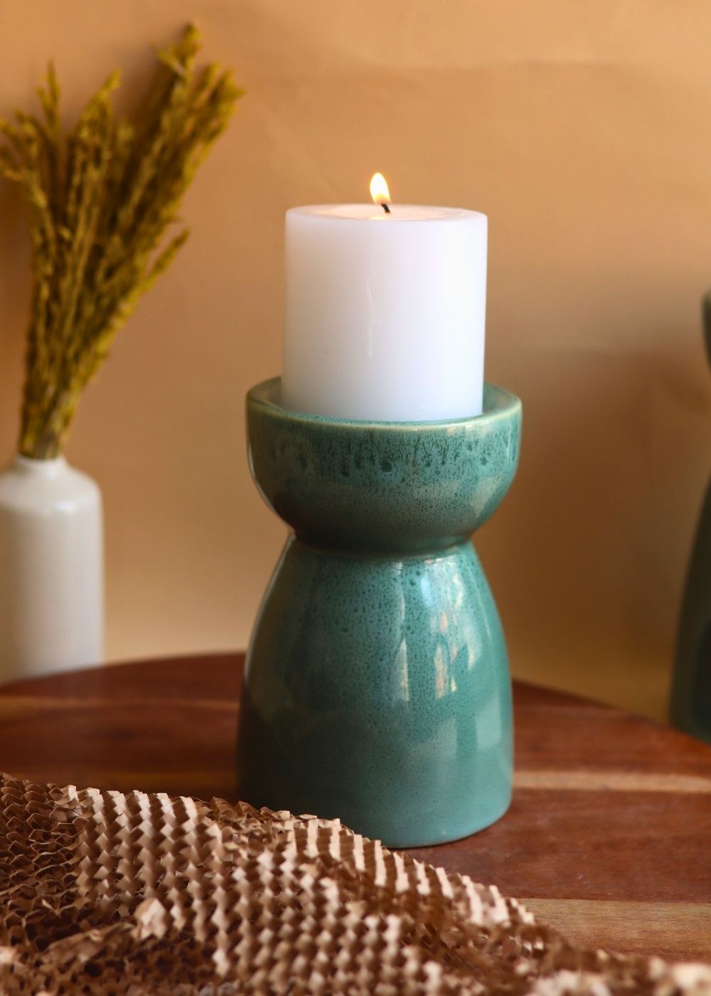 Green Pillar Candle Holder - Medium made by ceramic