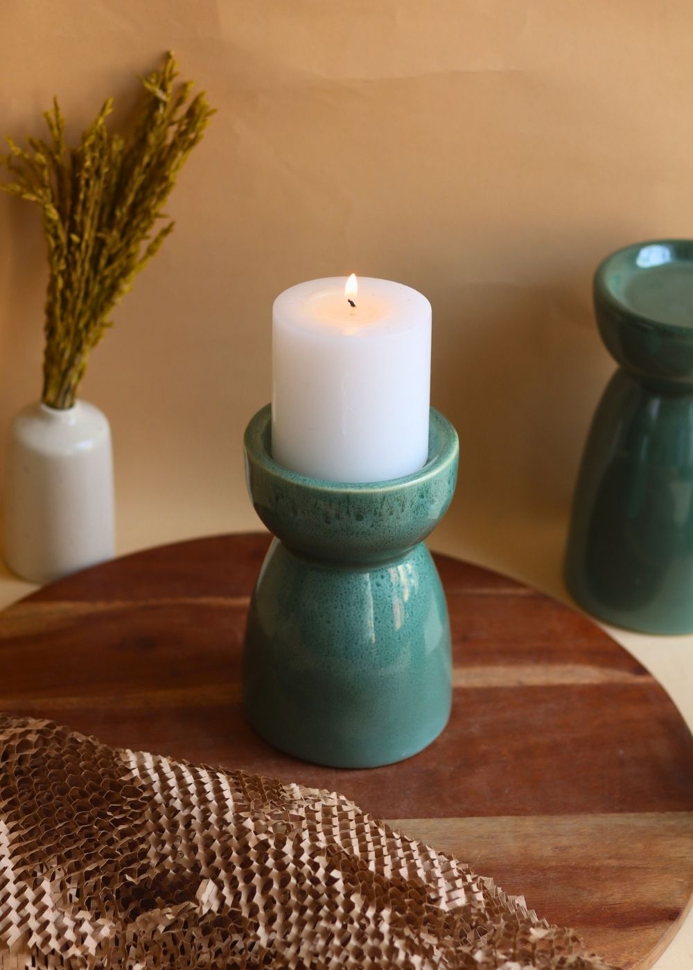 Green Pillar Candle Holder - Medium handmade in india