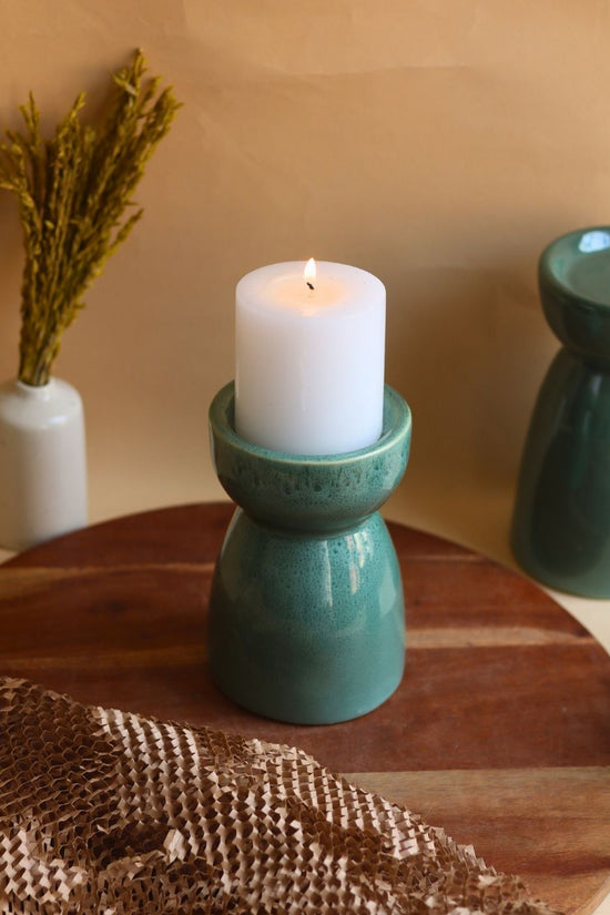 Green Pillar Candle Holder - Medium handmade in india