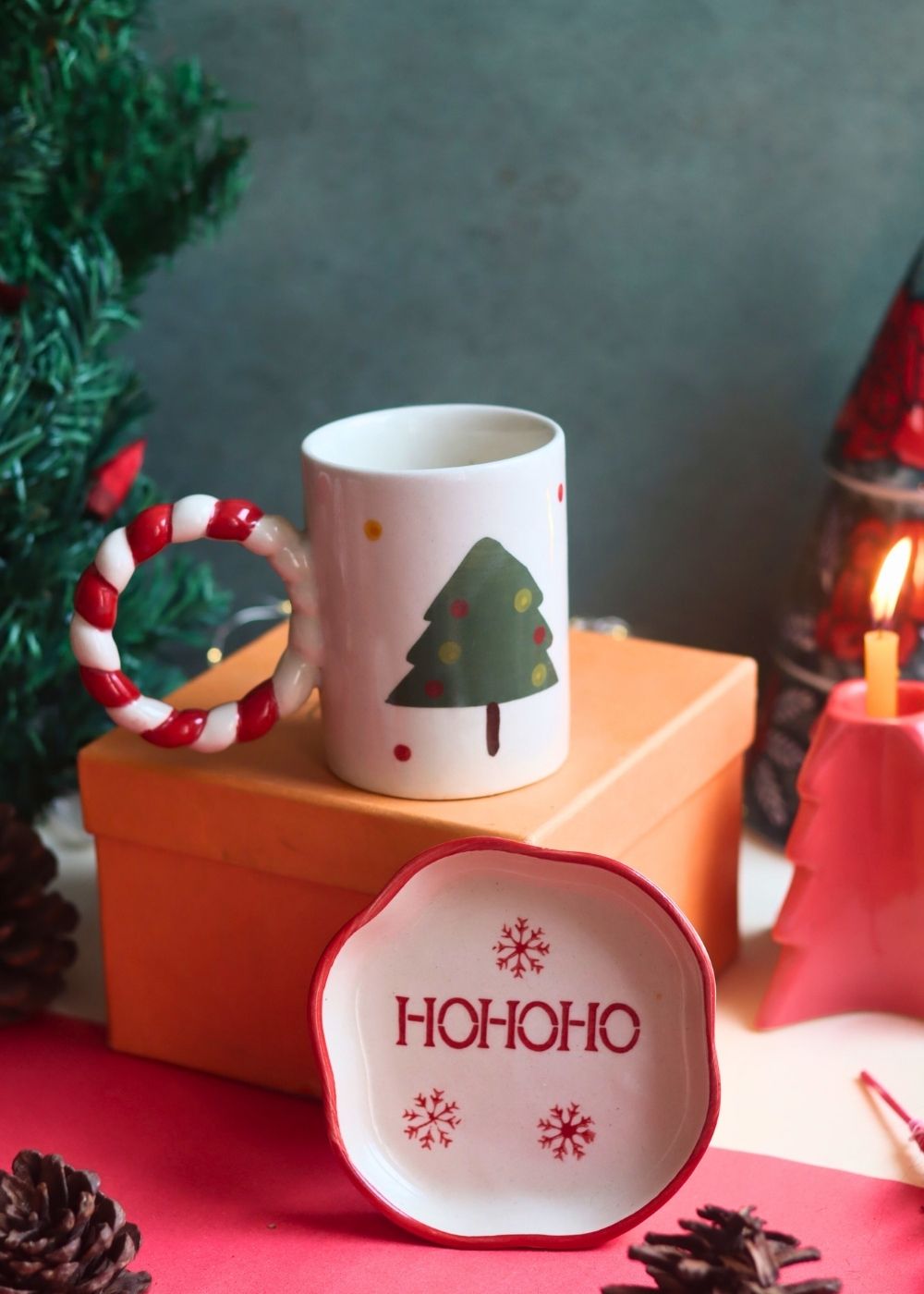 The OG Christmas Mug & HOHOHO Handmade Dessert Plate in a Gift Box handmade in india