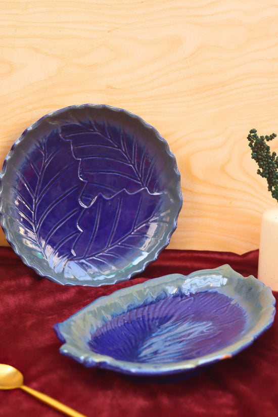 handmade Set of 2 - Royal Blue Round Engraved Platter & royal blue betel leaf platter combo