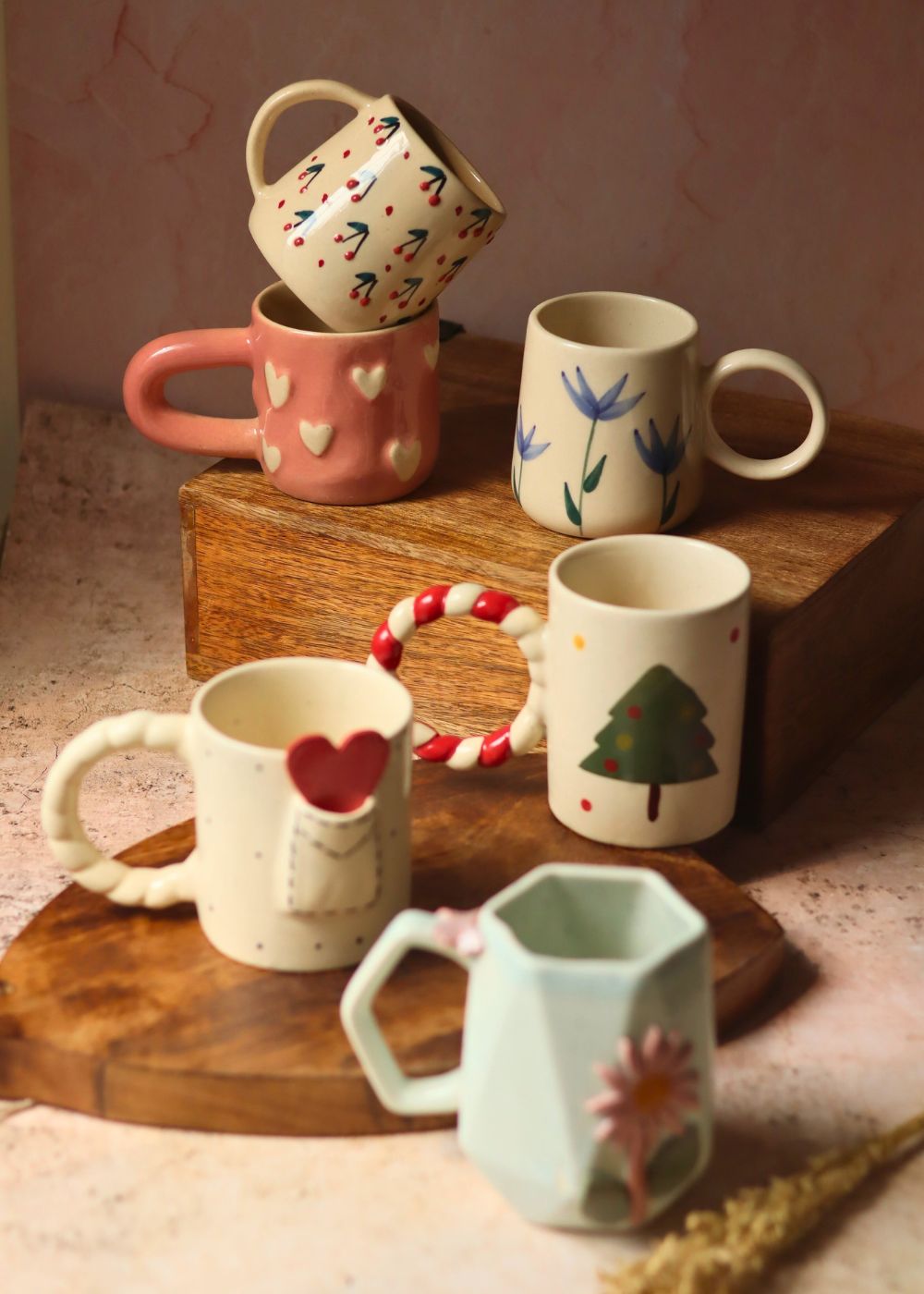 Set of 6 Blooming Hearts Mugs (for the price of 5) handmade in India