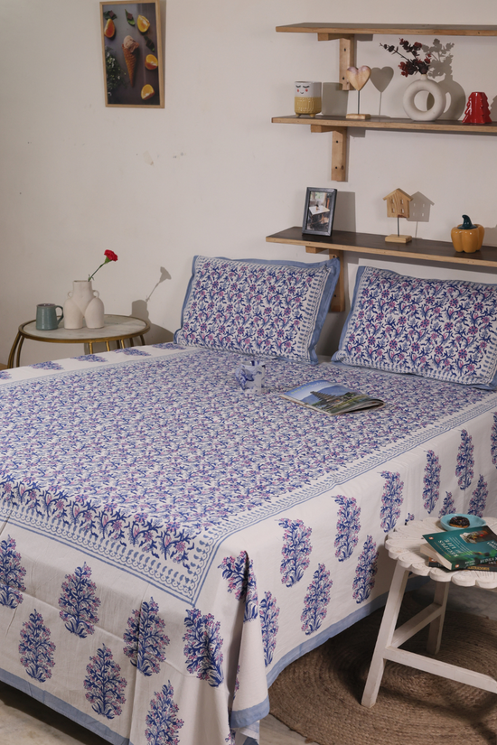 Blue and purple block printed bedsheet