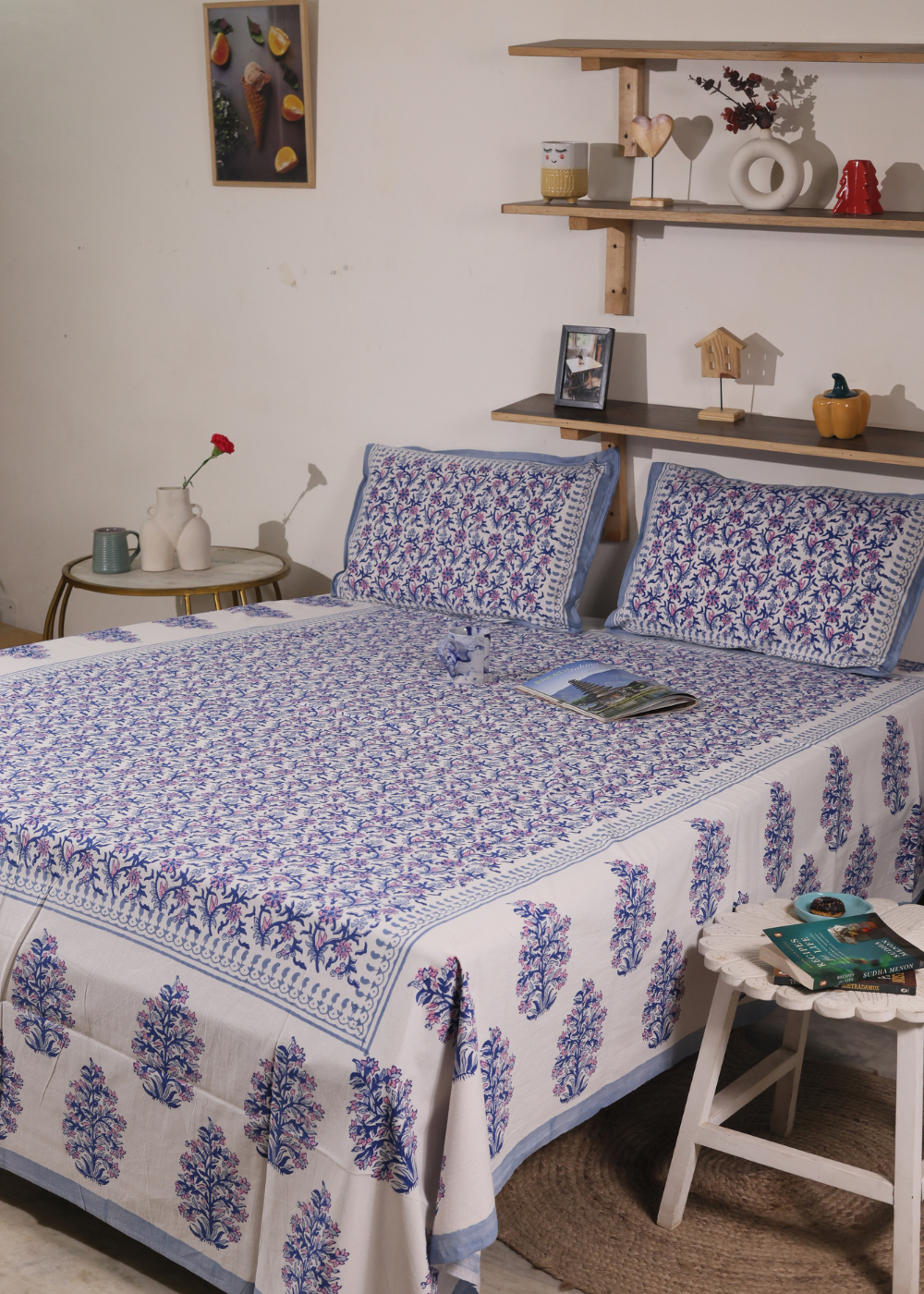 Blue & Purple Floral Block Printed Bedsheet