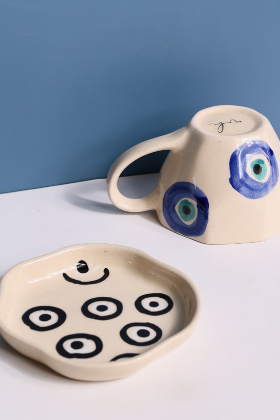 evil eye mug with evil eye handmade dessert plate 
