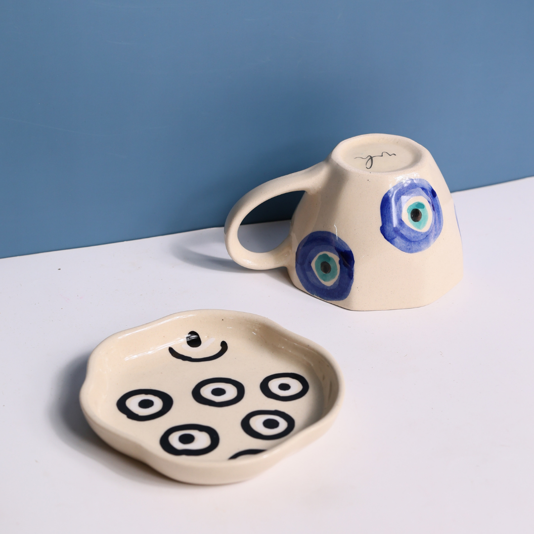 evil eye mug with evil eye handmade dessert plate 