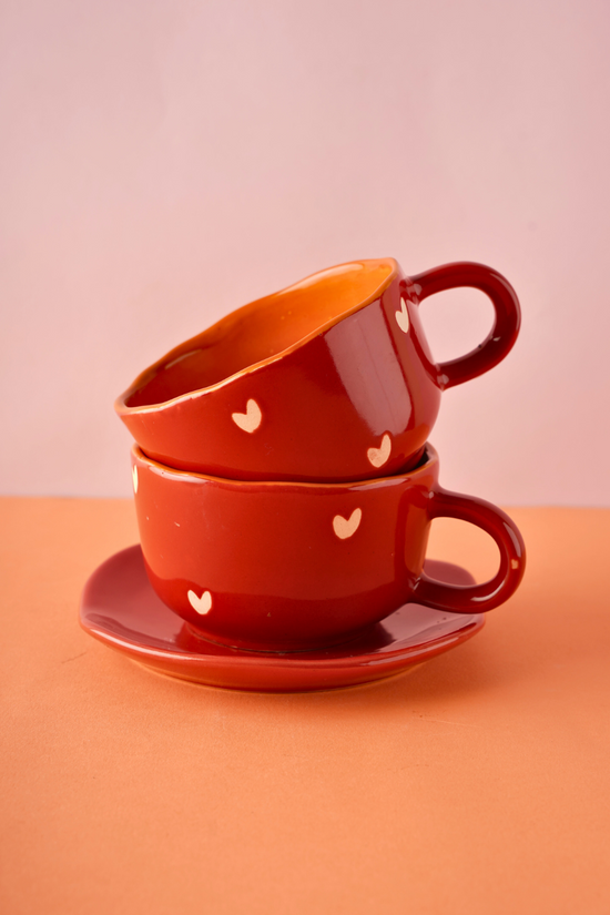 cupid cup & dessert plate with white little hearts 
