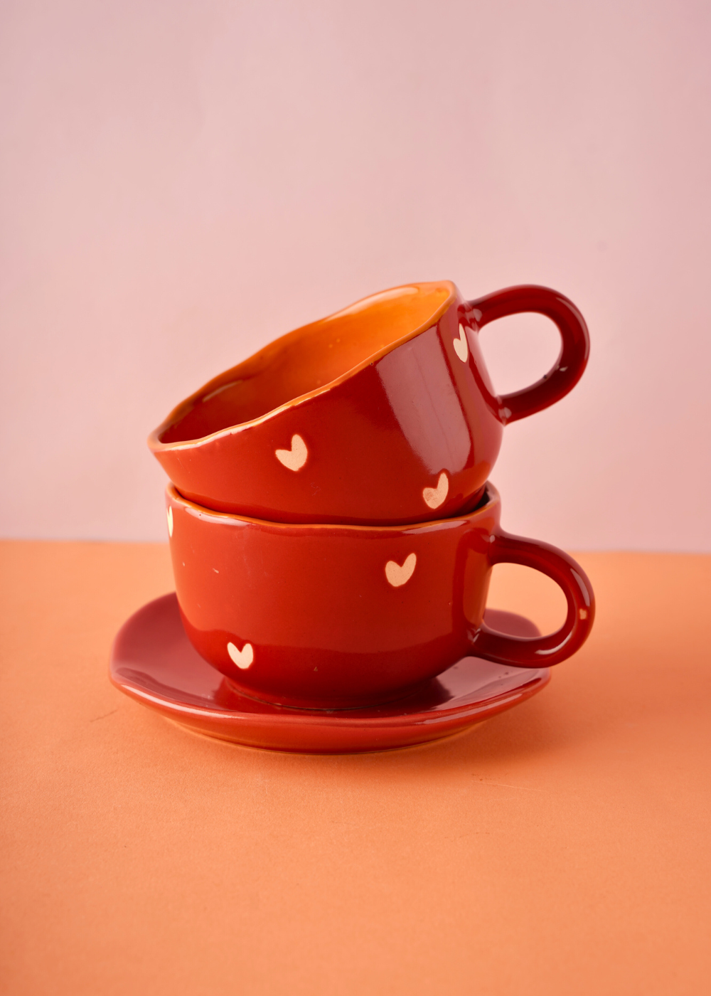 cupid cup & dessert plate with white little hearts 