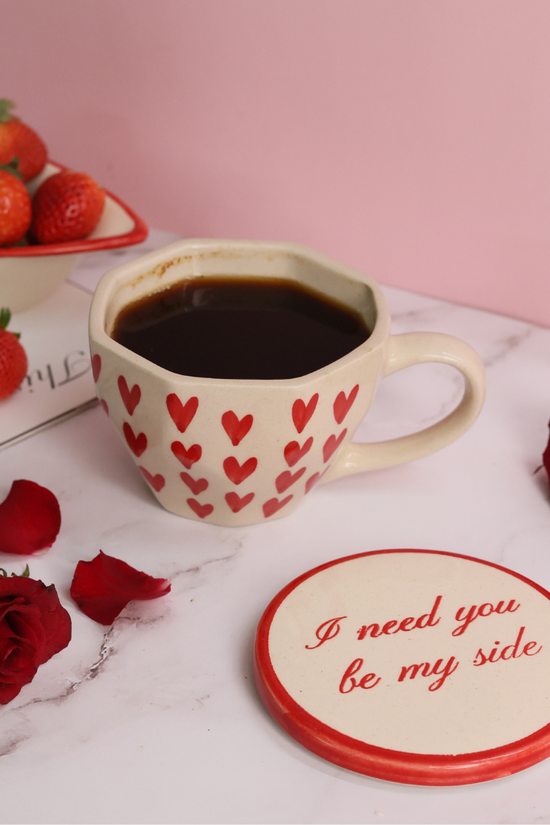 handmade heart mug with i need you by my side coaster 
