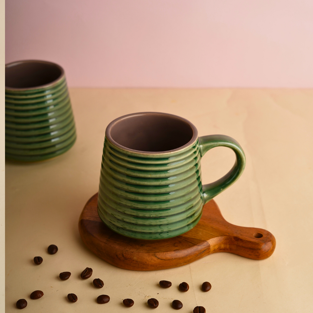 Metallic green striped coffee mug 