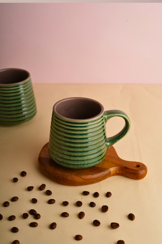 Metallic green striped coffee mug 
