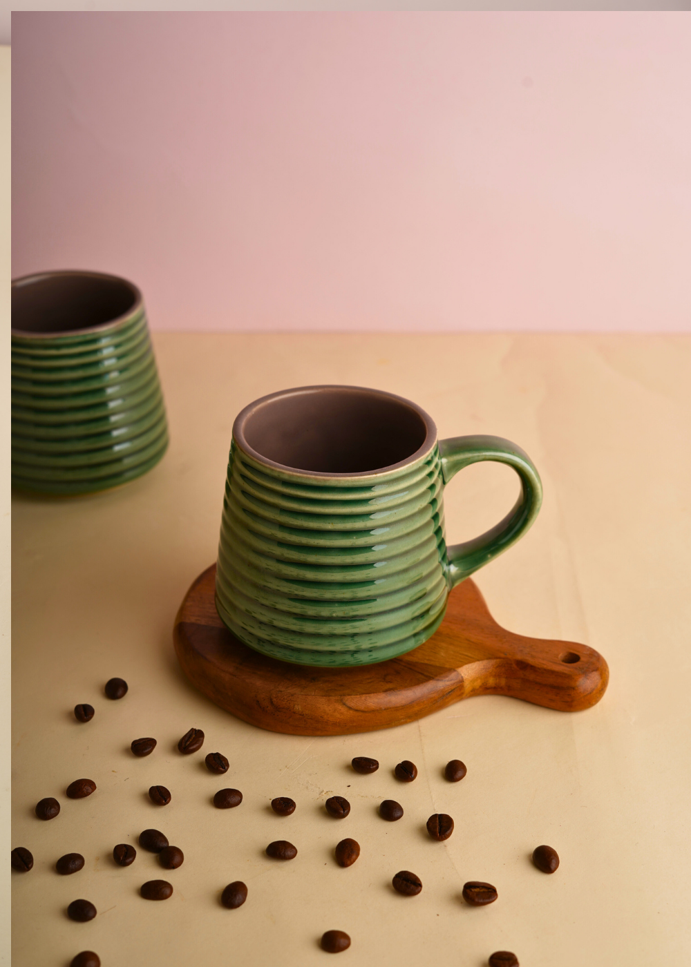 Metallic green striped coffee mug 