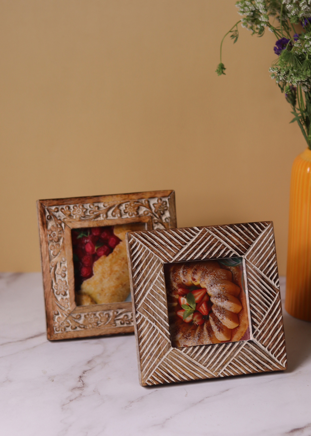 Square lines carved frame with carved floral square frame combo