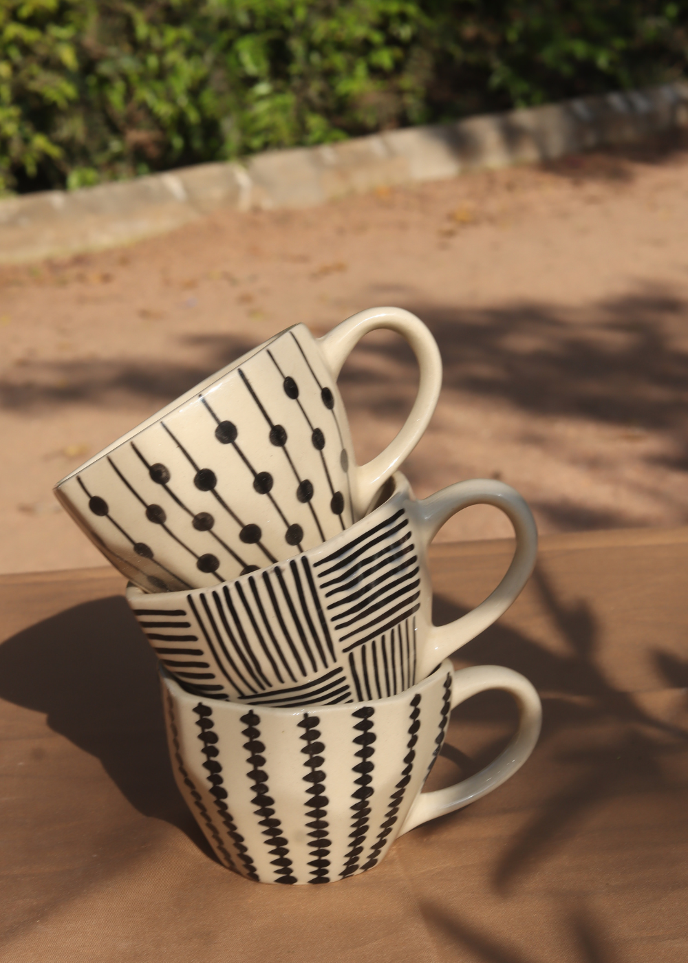 handmade black patterned mugs set of three