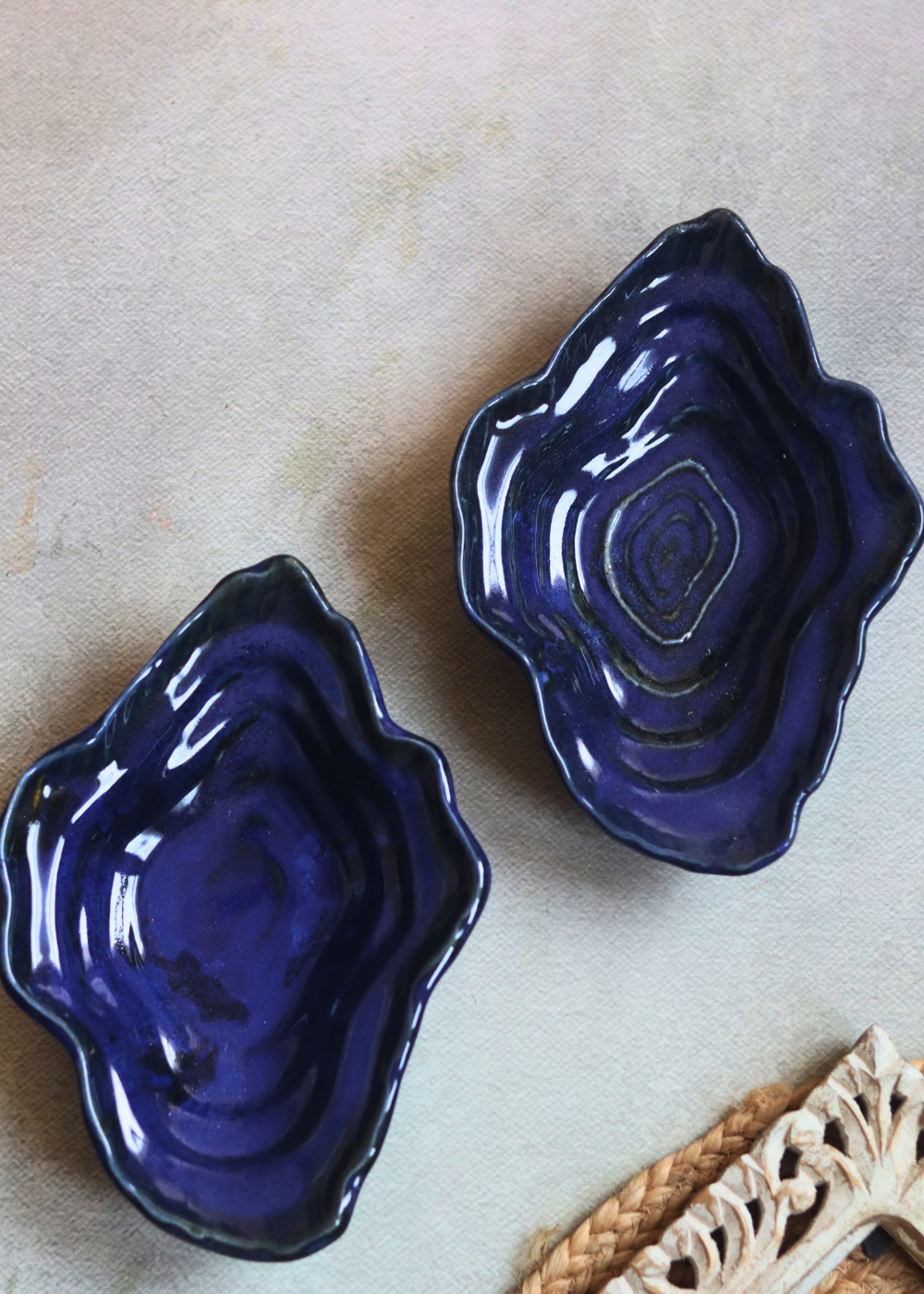 Two handmade ceramic wavy bowls 