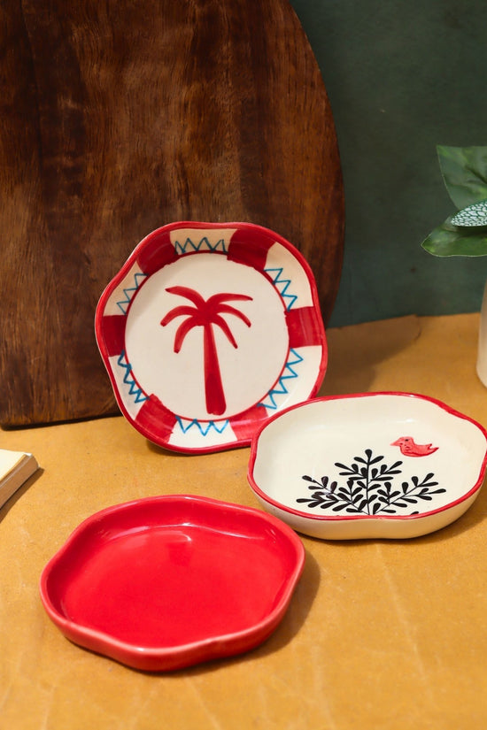 Birdie, Red & Palm Handmade Dessert Plate - Set of 3 made by ceramic