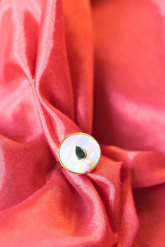 Emerald Pearl Luna Ring handmade in India