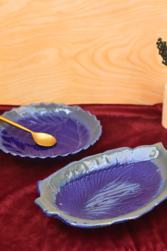 Set of 2 - Royal Blue Round Engraved Platter & royal blue betel leaf platter combo made by ceramic