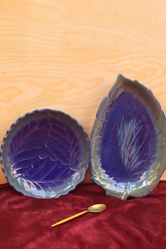 Set of 2 - Royal Blue Round Engraved Platter & royal blue betel leaf platter combo with premium quality material