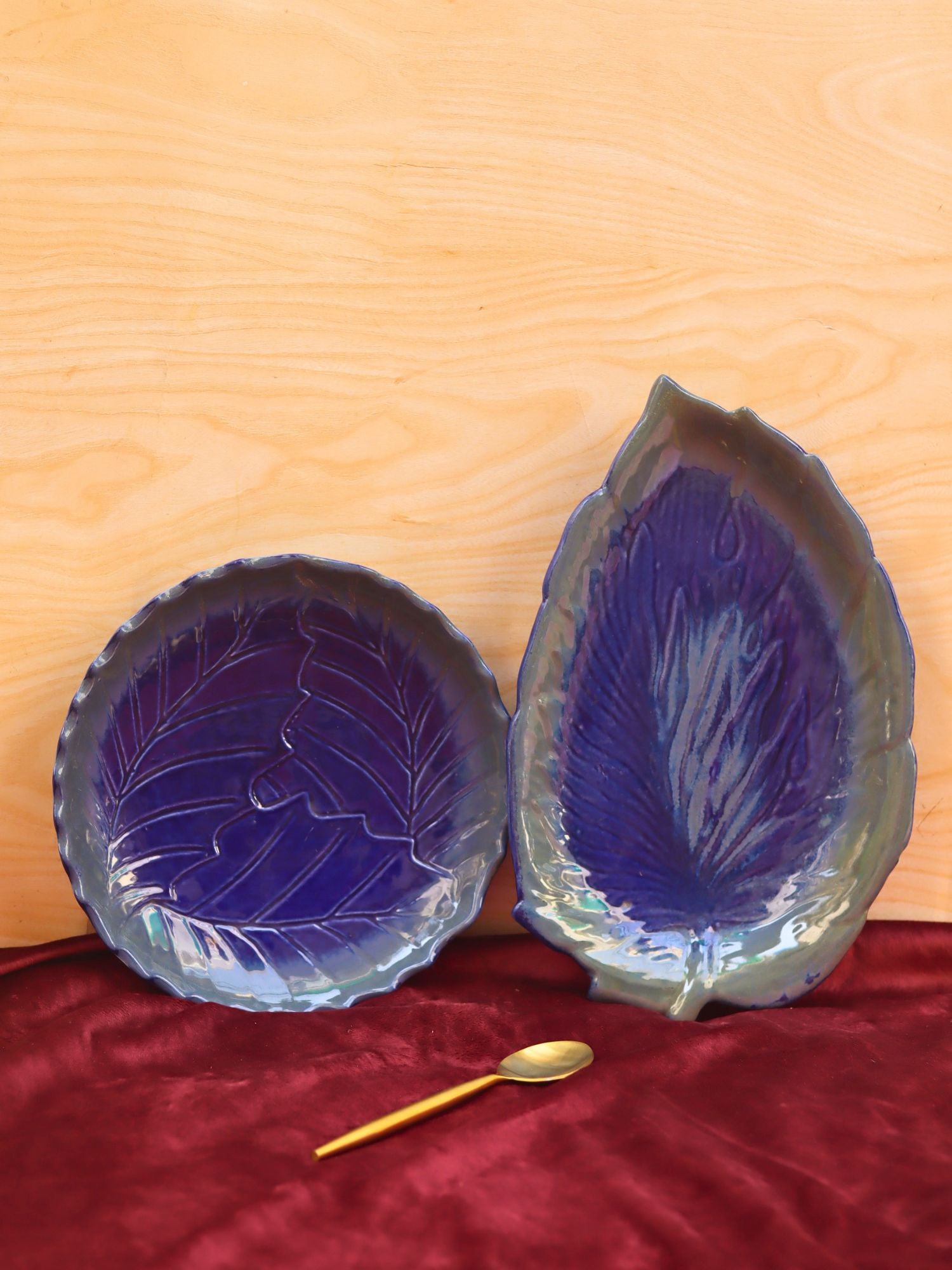 Set of 2 - Royal Blue Round Engraved Platter & royal blue betel leaf platter combo with premium quality material
