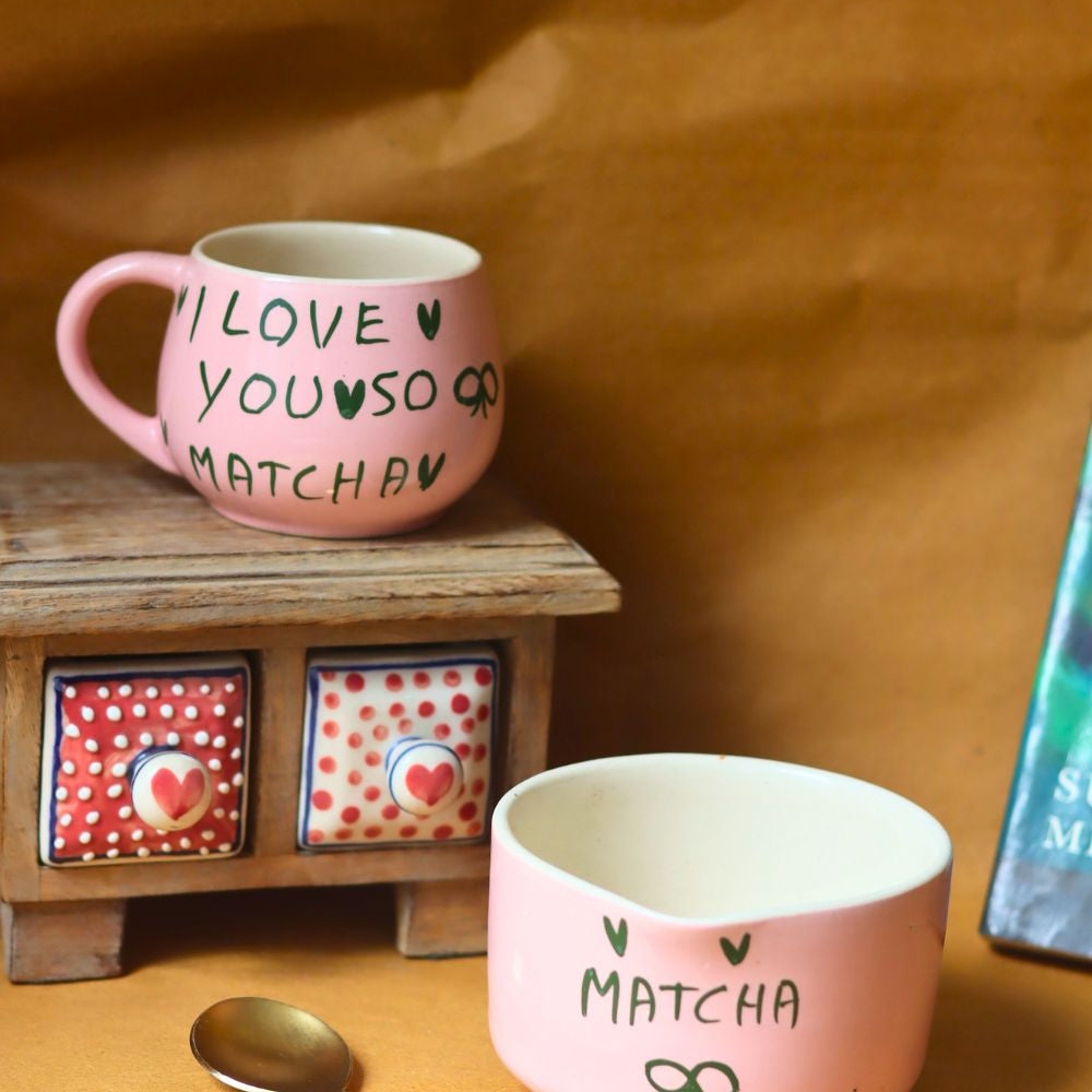 handmade Set of 2 - Matcha Love mug & Matcha Bowl