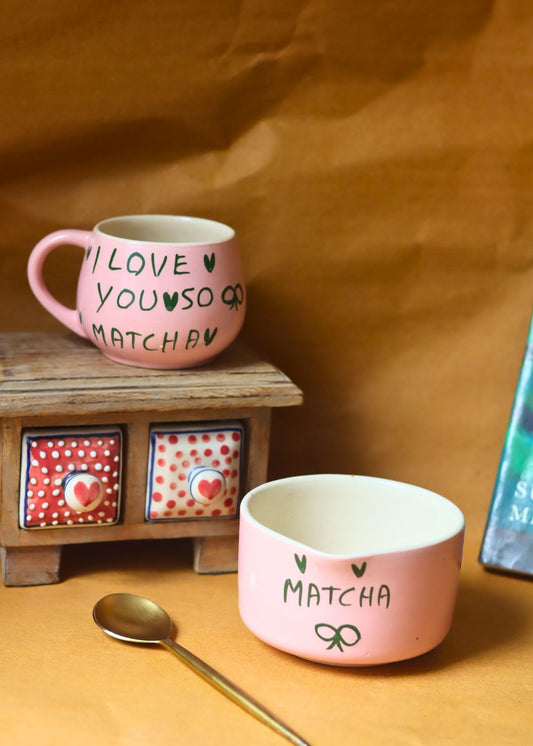 handmade Set of 2 - Matcha Love mug & Matcha Bowl