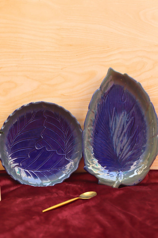 Set of 2 - Royal Blue Round Engraved Platter & royal blue betel leaf platter combo handmade in India