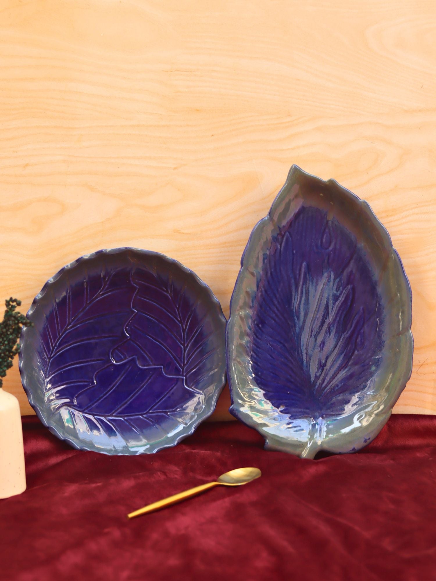 Set of 2 - Royal Blue Round Engraved Platter & royal blue betel leaf platter combo handmade in India