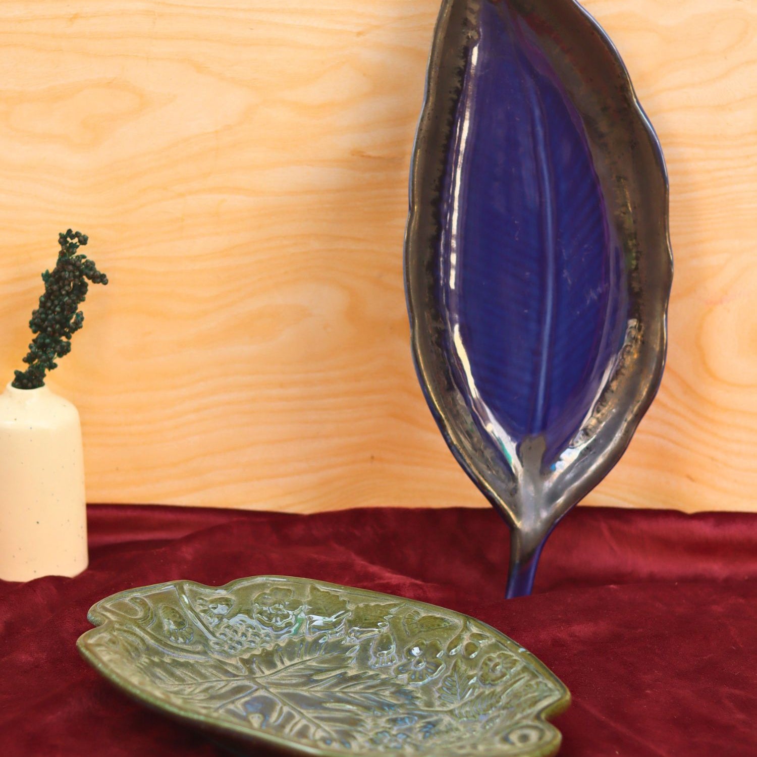 handmade Set of 2 - Electric blue leaf platter & Green Xmas leaf platter combo