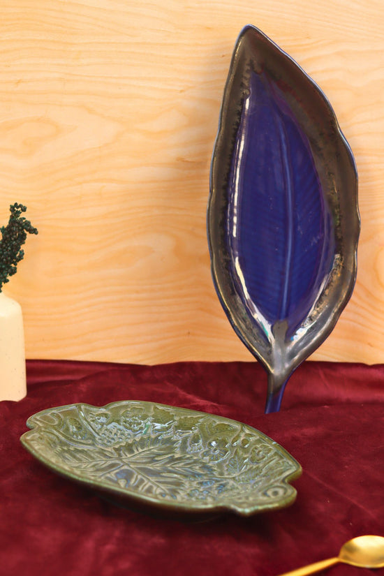 handmade Set of 2 - Electric blue leaf platter & Green Xmas leaf platter combo