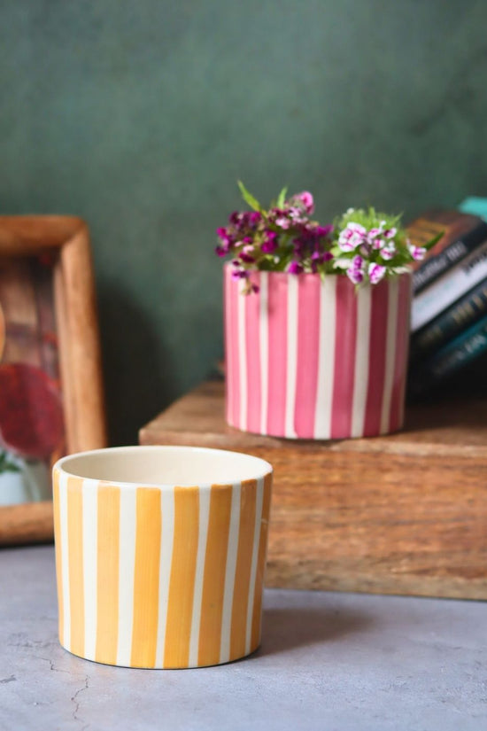 Handmade Set of 2 Striped Planter - Yellow & Magenta