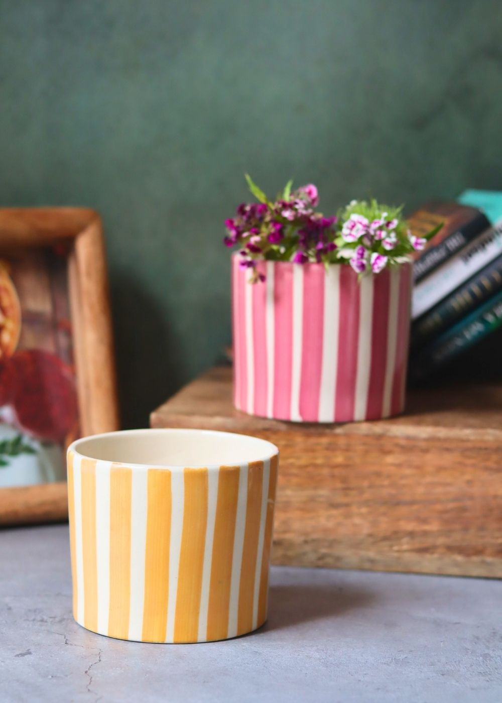 Handmade Set of 2 Striped Planter - Yellow & Magenta