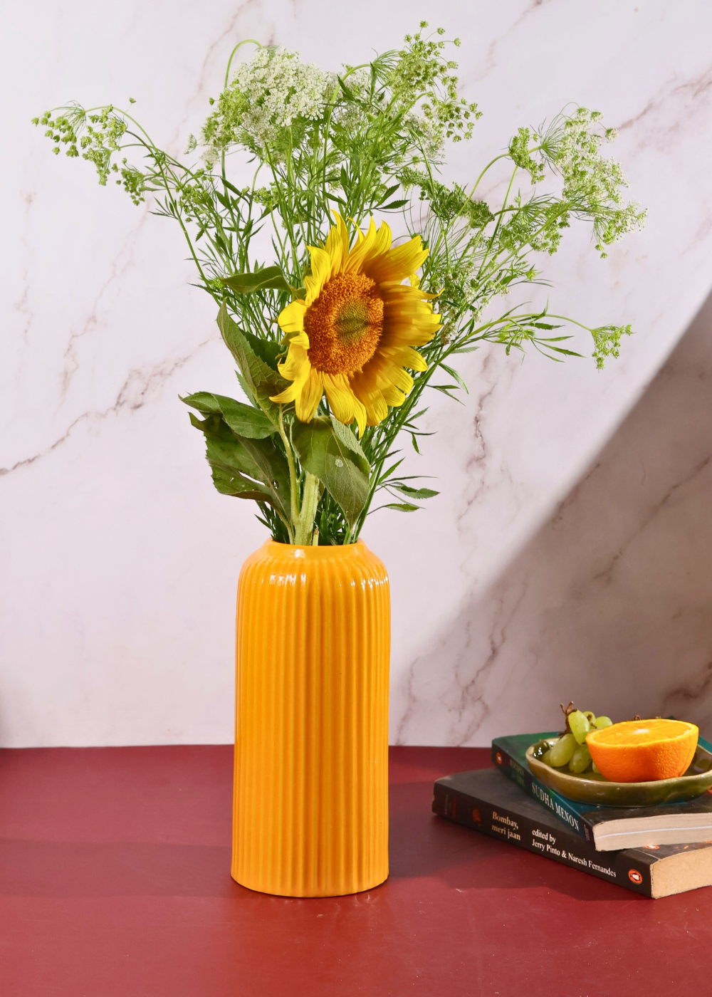 glossy yellow lined vase